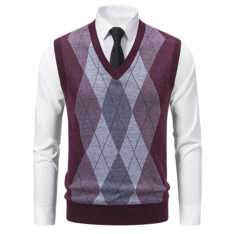 Pull sans manches homme col V à motif losanges en mélange mérinos – Argyle – Bordeaux