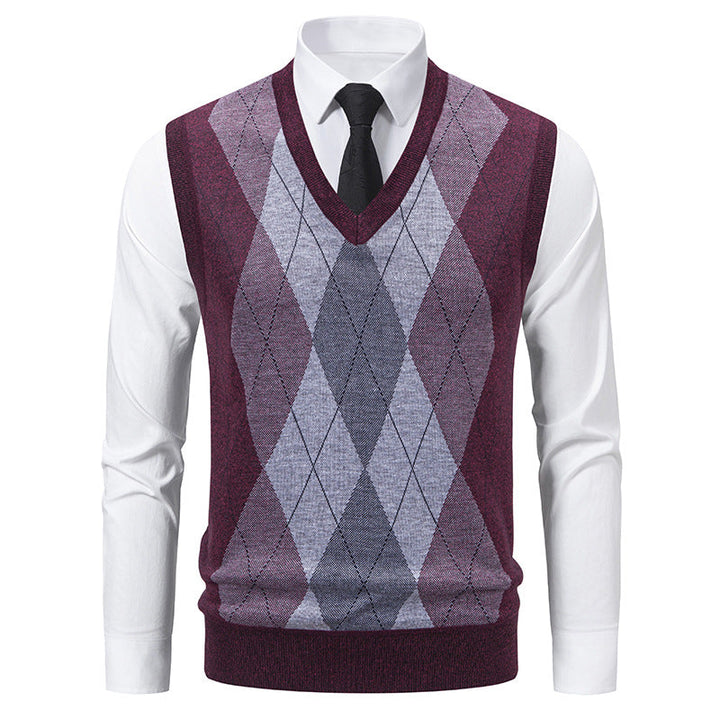 Pull sans manches homme col V à motif losanges en mélange mérinos – Argyle – Bordeaux