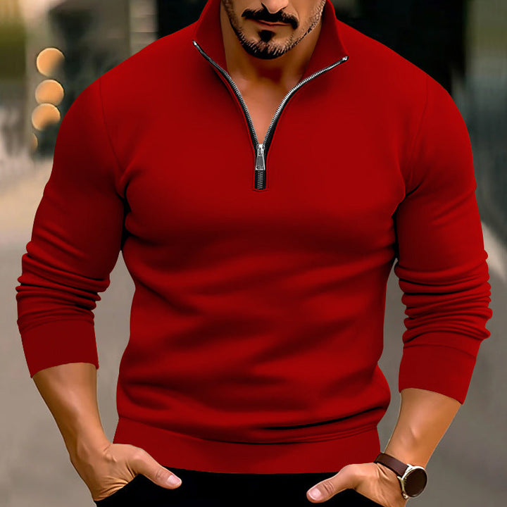 Pull homme ajusté en maille fine à zip court et col montant – Mune – Rouge