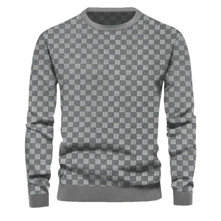 Pull col rond homme en maille structurée à relief carreaux – Oscar – Gris