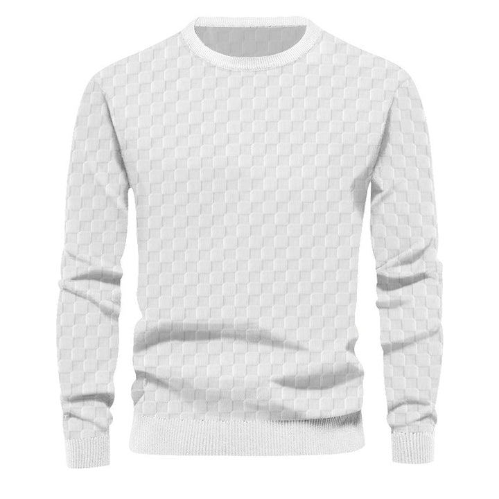 Pull col rond homme en maille structurée à relief carreaux – Oscar – Blanc