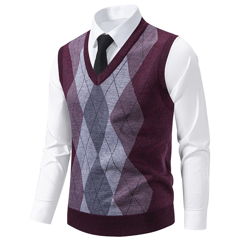 Pull sans manches homme col V à motif losanges en mélange mérinos – Argyle – vue 3
