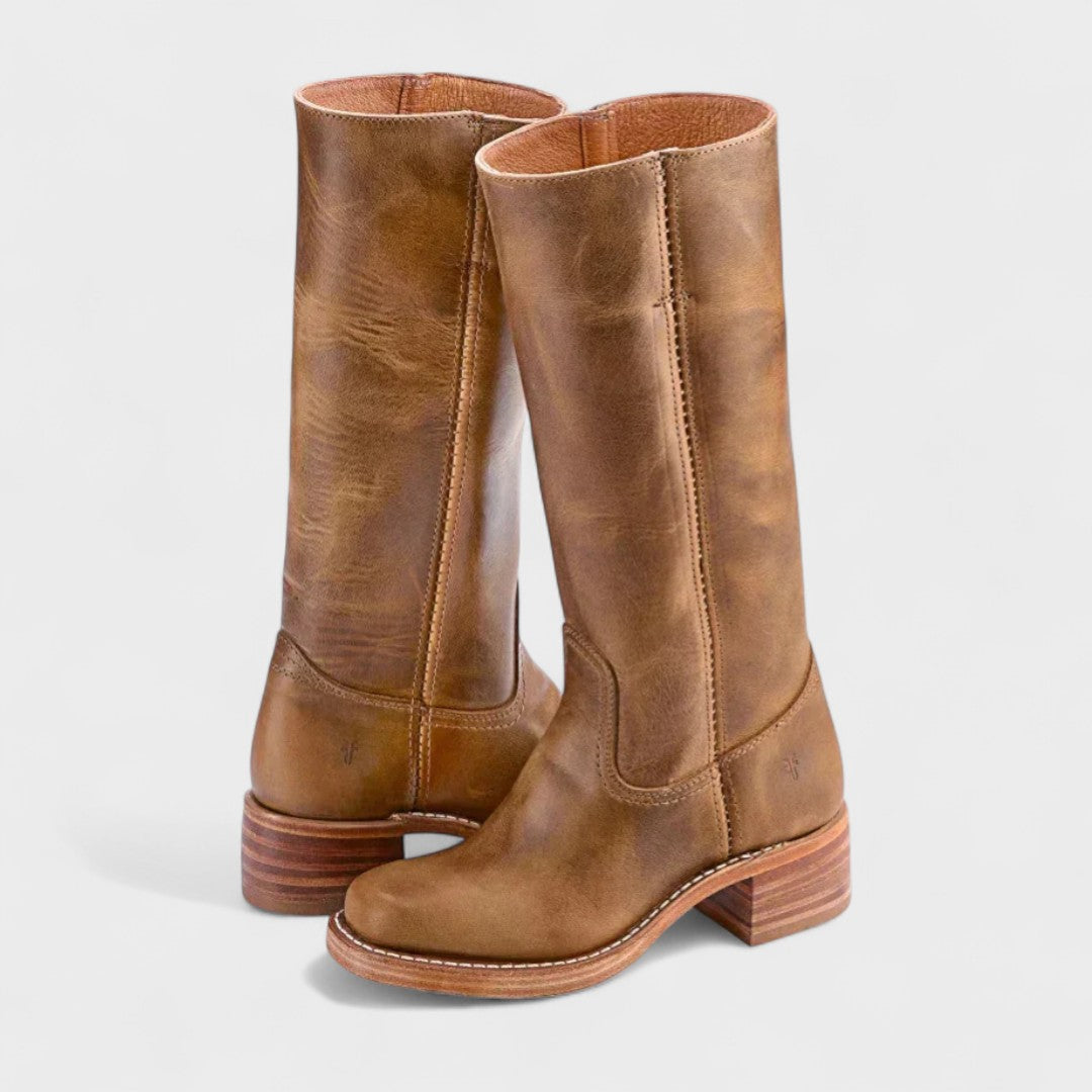 Bottes cavalières femme hautes à talon bloc – Evie – Marron clair