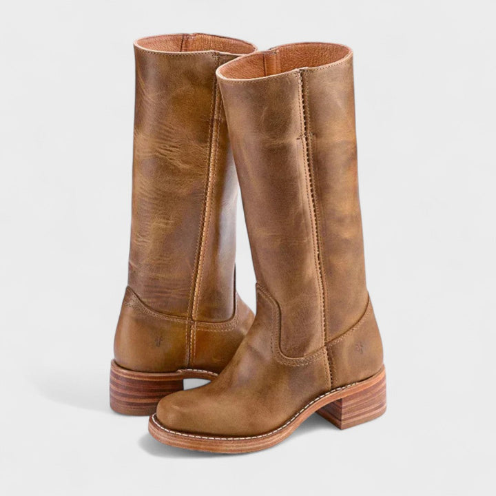 Bottes cavalières femme hautes à talon bloc – Evie – Marron clair