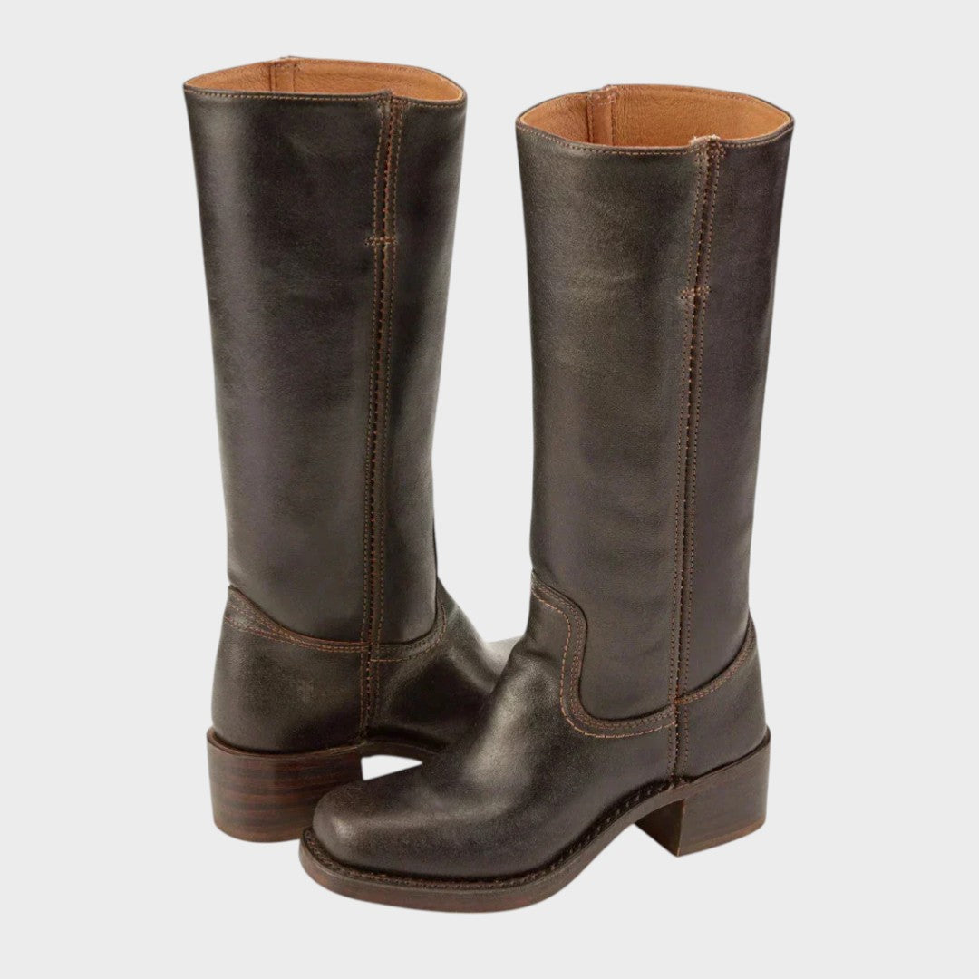 Bottes cavalières femme hautes à talon bloc – Evie – Marron foncé
