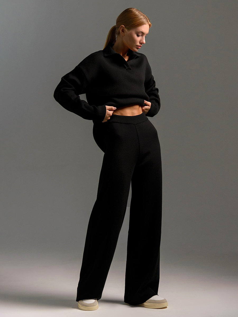 Ensemble femme en maille pull col polo et pantalon large – Juliette - Noir