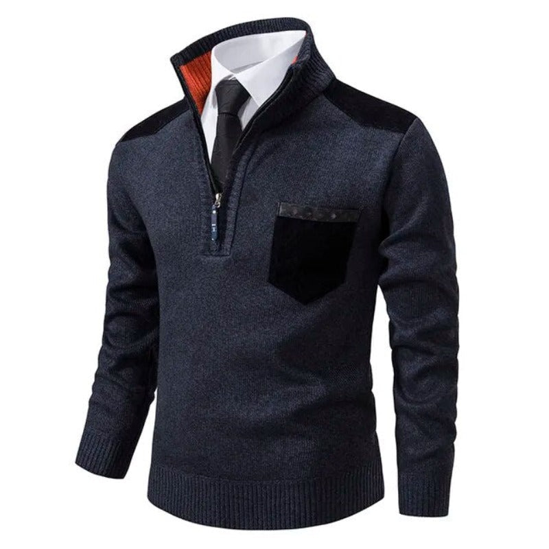 Pull demi-zip homme en maille chinée à empiècements et poche poitrine – Julien - Bleu foncé
