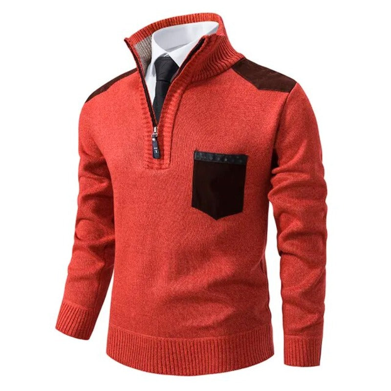 Pull demi-zip homme en maille chinée à empiècements et poche poitrine – Julien - Orange