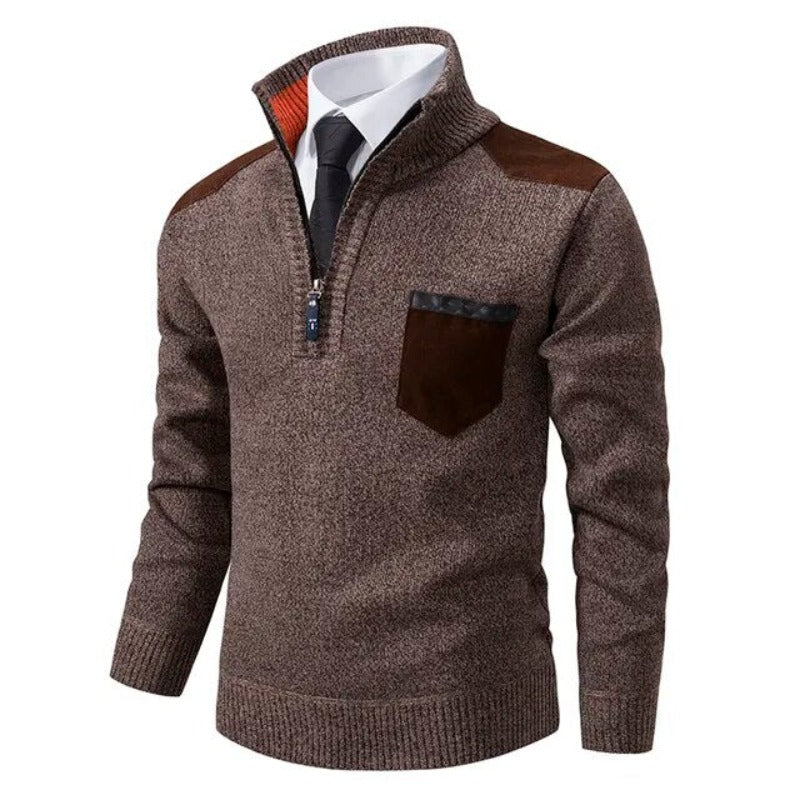 Pull demi-zip homme en maille chinée à empiècements et poche poitrine – Julien - Brun