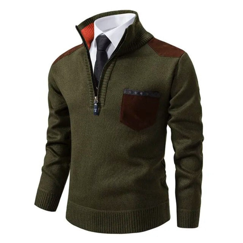 Pull demi-zip homme en maille chinée à empiècements et poche poitrine – Julien - Vert