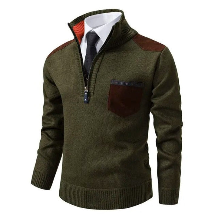 Pull demi-zip homme en maille chinée à empiècements et poche poitrine – Julien - Vert