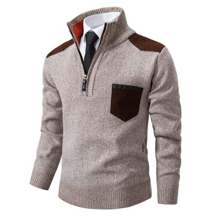 Pull demi-zip homme en maille chinée à empiècements et poche poitrine – Julien - Beige