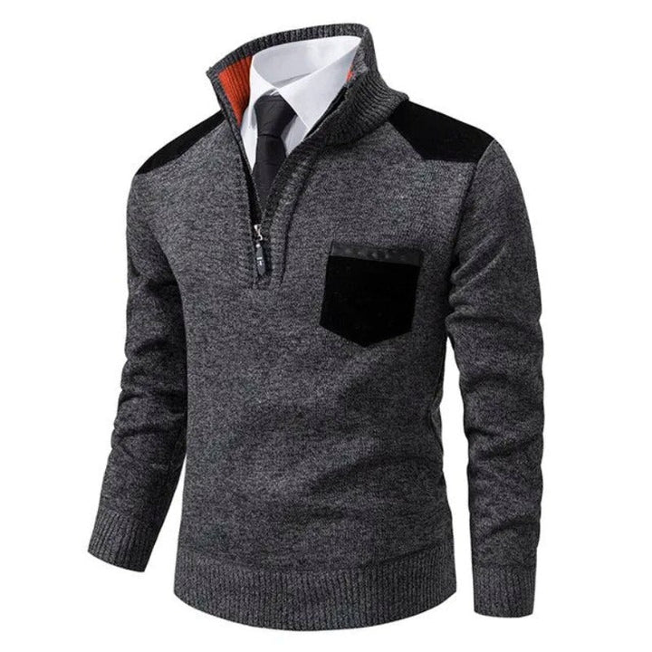 Pull demi-zip homme en maille chinée à empiècements et poche poitrine – Julien - Gris foncé