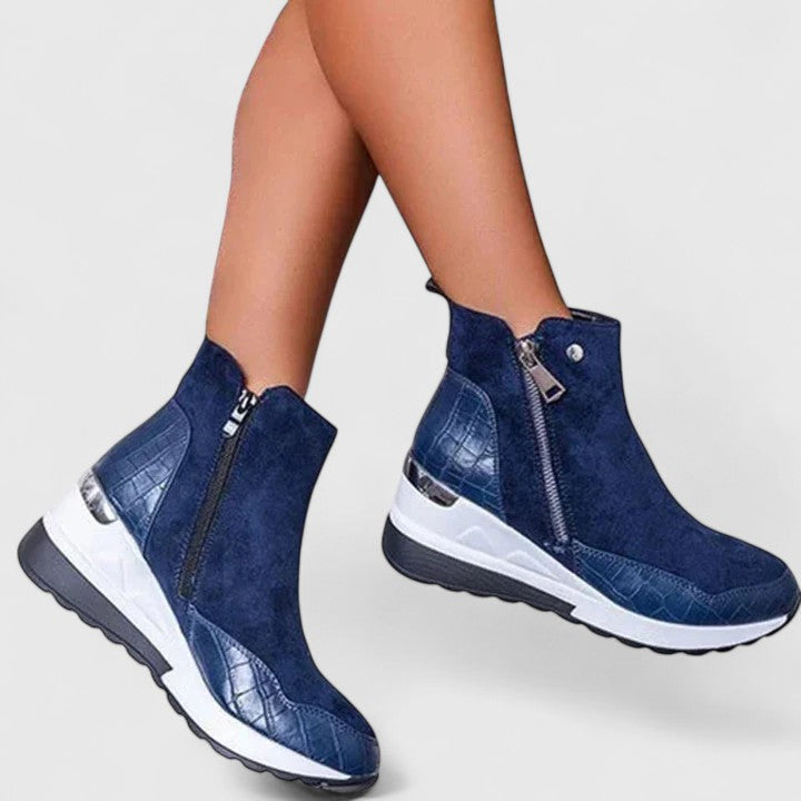 Bottines femme en daim à zip, semelle compensée et antidérapante – Maele – Bleu