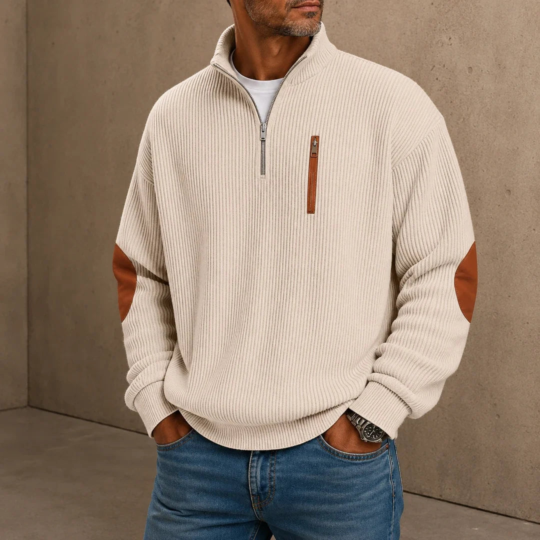 Pull demi-zip homme en maille côtelée avec coudières contrastées – Victor - Beige