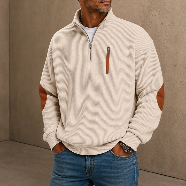 Pull demi-zip homme en maille côtelée avec coudières contrastées – Victor - Beige
