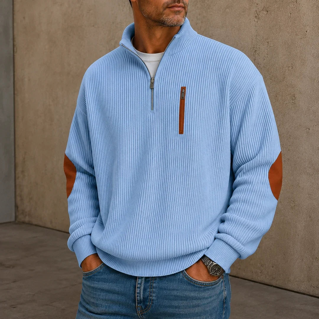 Pull demi-zip homme en maille côtelée avec coudières contrastées – Victor - Bleu