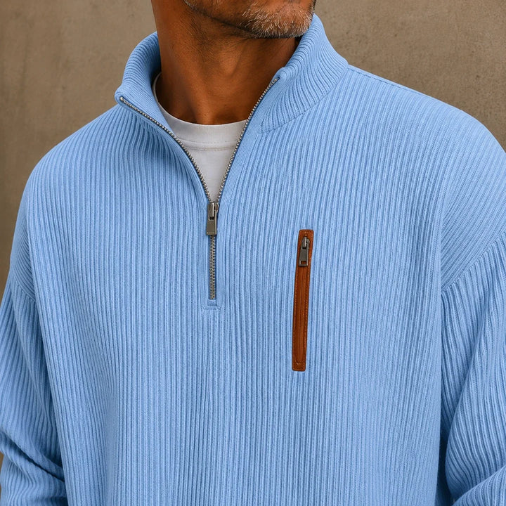 Pull demi-zip homme en maille côtelée avec coudières contrastées – Victor - vue 6