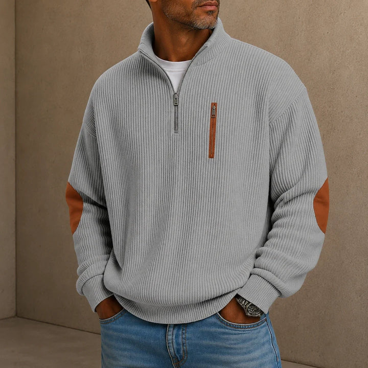 Pull demi-zip homme en maille côtelée avec coudières contrastées – Victor - Gris