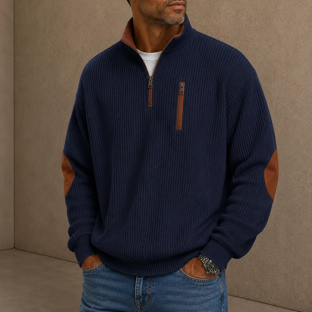 Pull demi-zip homme en maille côtelée avec coudières contrastées – Victor - Bleu marine