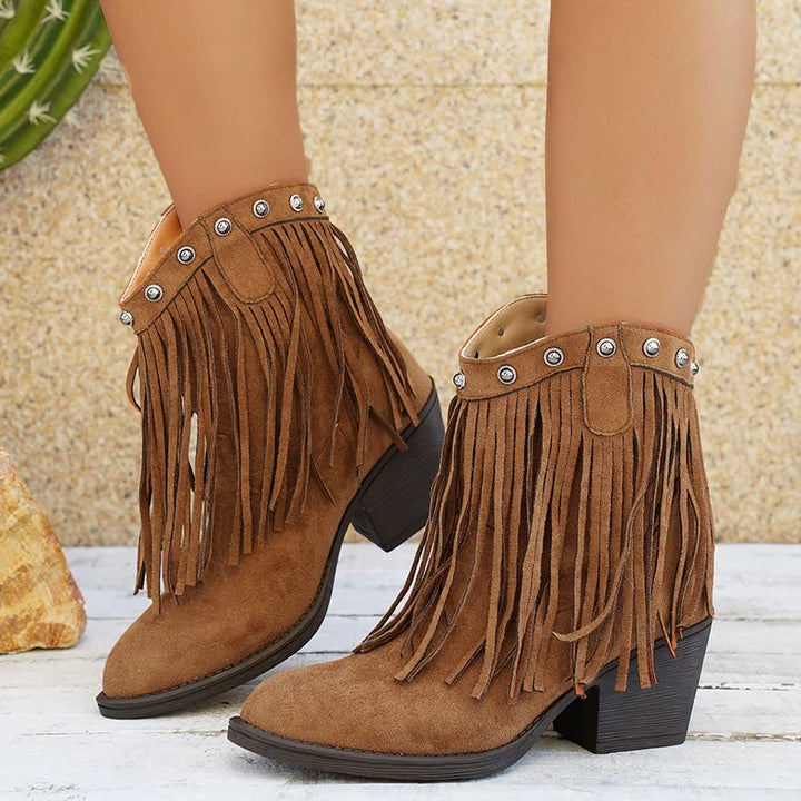 Bottes cowboy femme en suédine à franges et bride rabattue – Léa – Marron