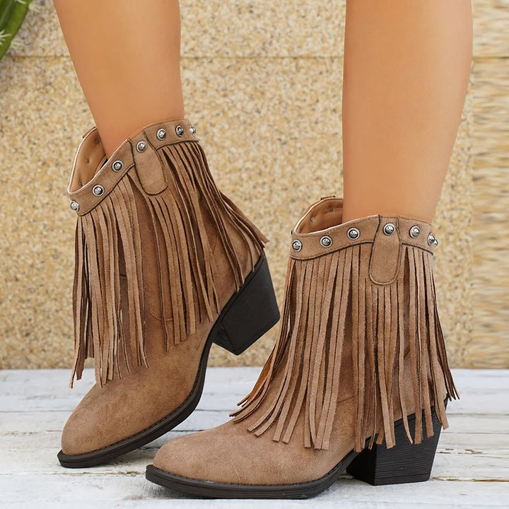 Bottes cowboy femme en suédine à franges et bride rabattue – Léa – Beige