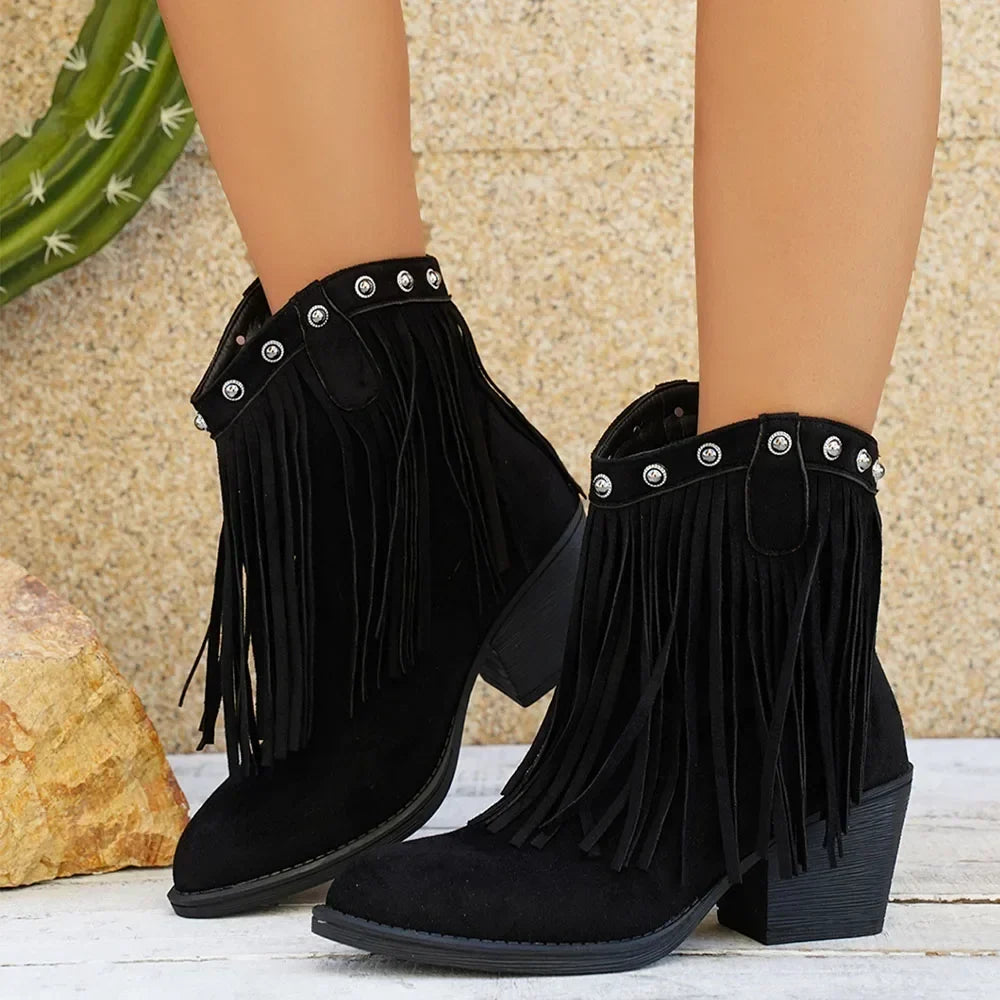 Bottes cowboy femme en suédine à franges et bride rabattue – Léa – Noir