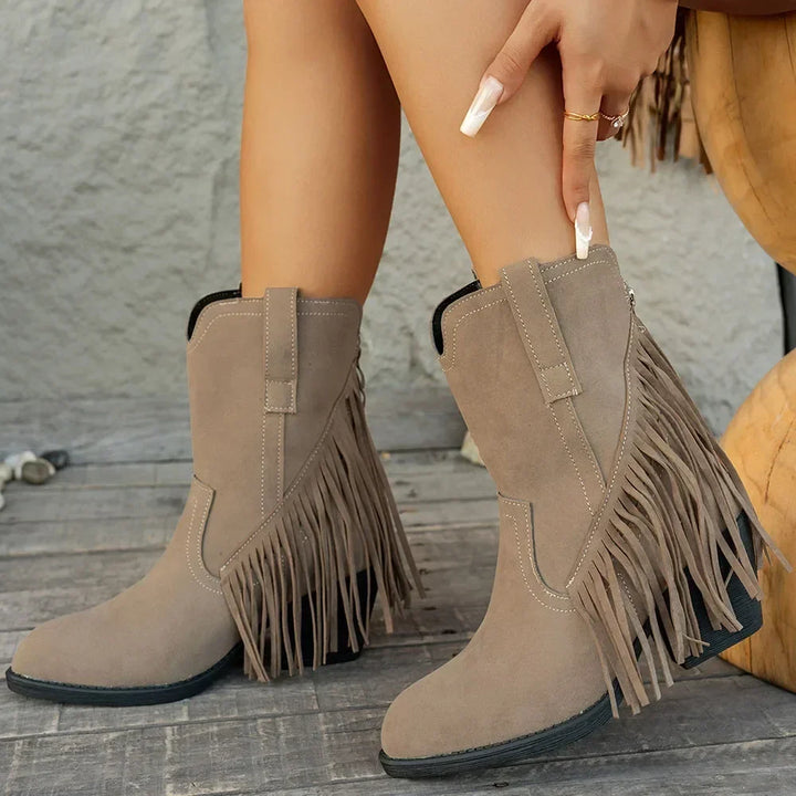 Bottes cowboy femme en suédine à franges et bride rabattue – Léa – Gris