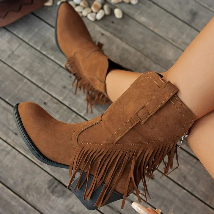 Bottes cowboy femme en suédine à franges et bride rabattue – Léa – vue 1