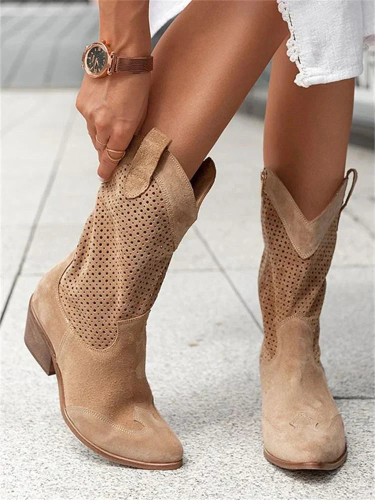 Bottes cowboy femme respirantes à fermeture zippée – Marron