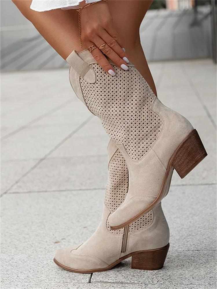 Bottes cowboy femme à talon bloc et tige perforée – Chloé – Kaki