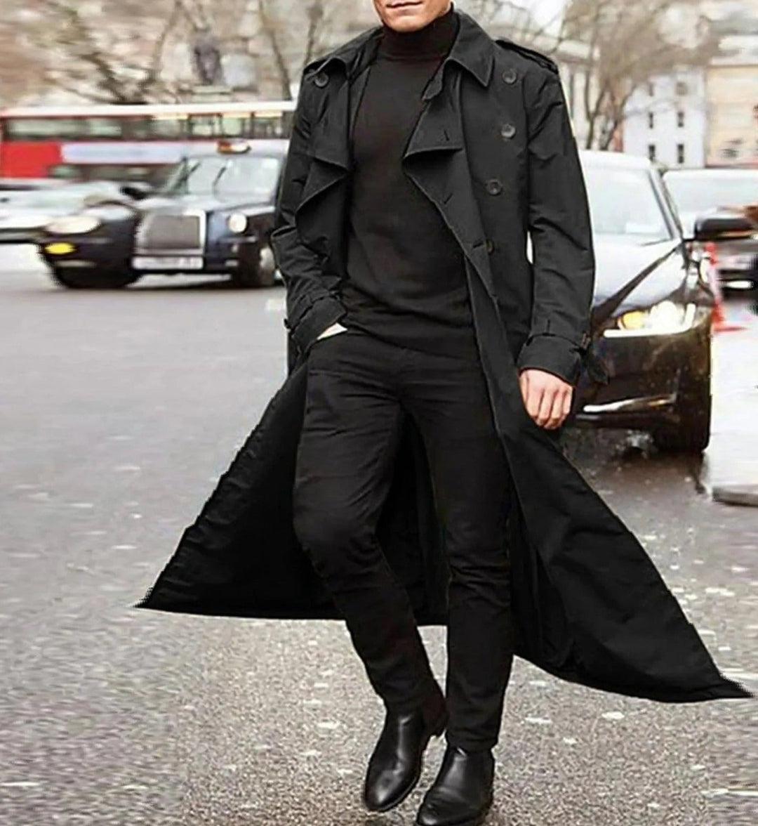 Trench long homme croisé à col revers et pattes d'épaule – Bastien - Noir