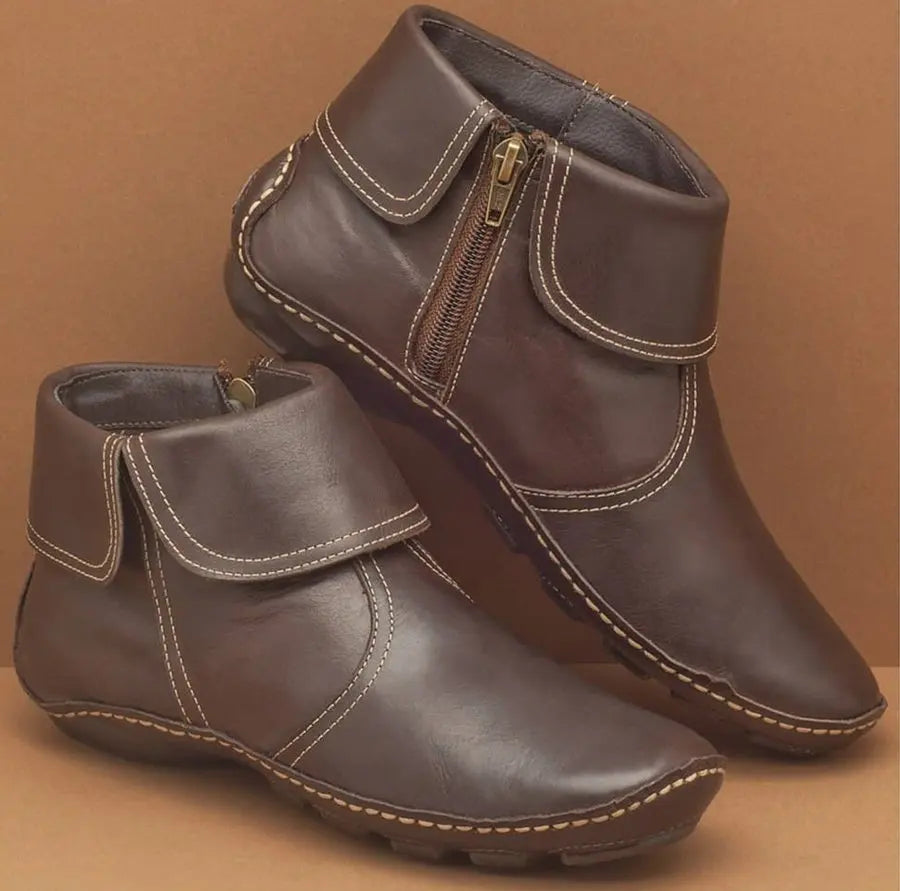 Bottines vintage femme confortables à doublure douce – Mirelda – Marron foncé (avec zip)
