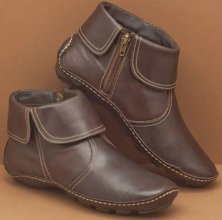 Bottines vintage femme confortables à doublure douce – Mirelda – Marron foncé (avec zip)