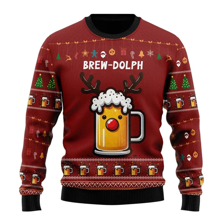 Pull de Noël homme humoristique à motif bière – Karl – Rouge / motif bière