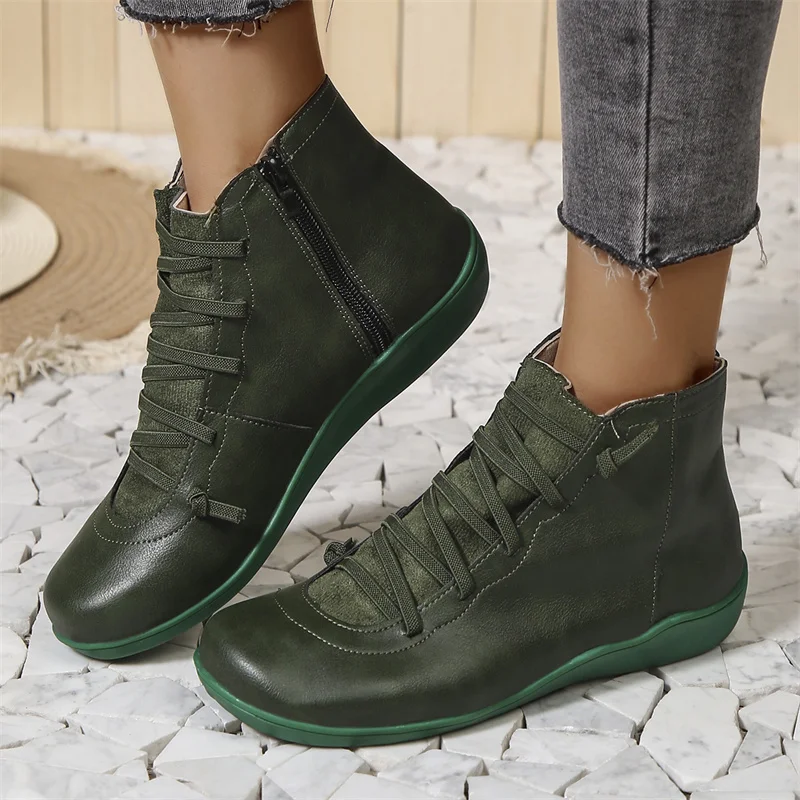 Bottines confort femme à laçage croisé et fermeture éclair – Solène - Vert