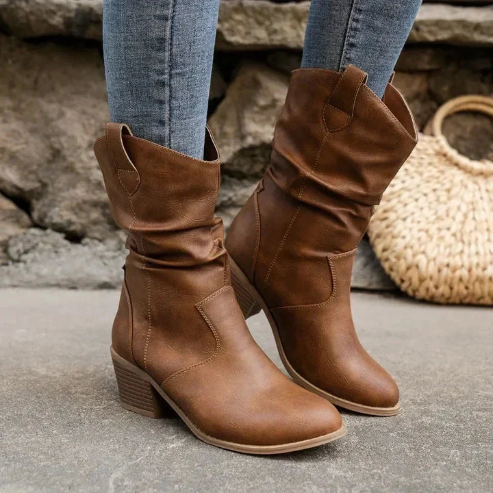 Bottes western femme mi-mollet classiques à talon bloc – Margaux – Marron