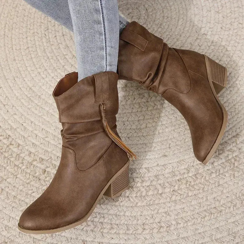 Bottes western femme à tresses et pampilles – Solène – Marron foncé B