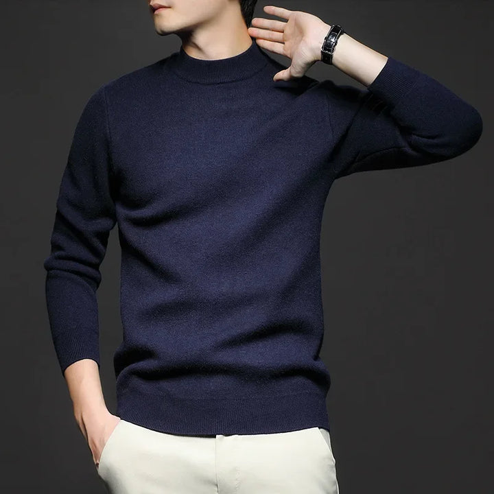 Pull homme en maille de laine à col mi-haut – Antoine - Bleu foncé