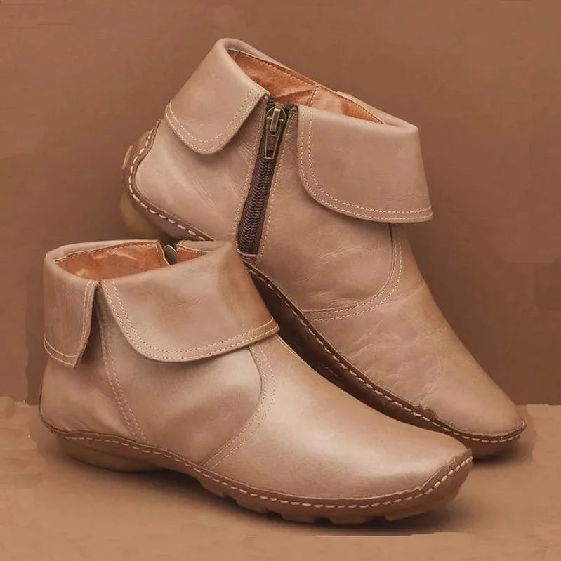 Bottines vintage femme confortables à doublure douce – Mirelda – Beige (avec zip)