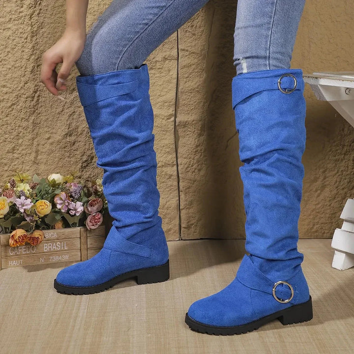 Bottes hautes plates femme souples à boucles réglables – Manon – Bleu