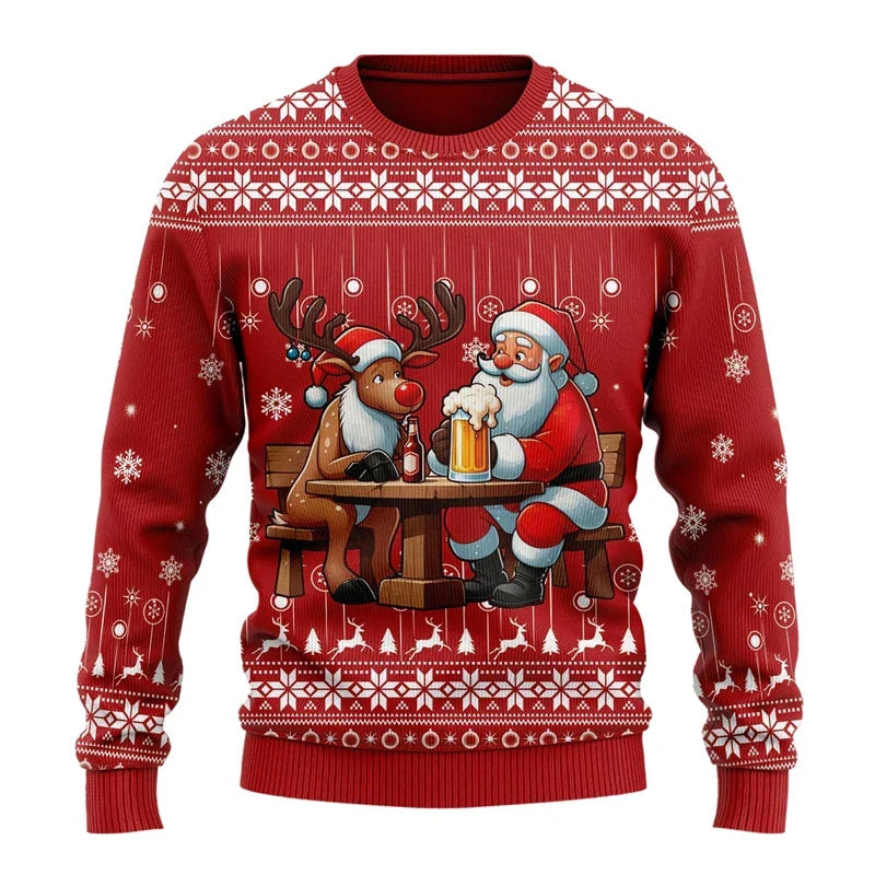 Pull de Noël homme humoristique à motif bière – Karl – Rouge / motif rennes et Père Noël