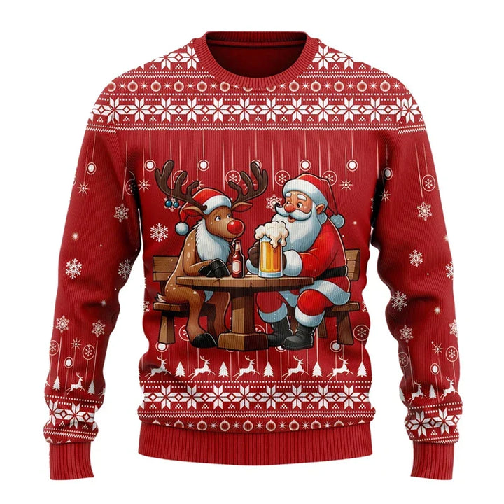 Pull de Noël homme humoristique à motif bière – Karl – Rouge / motif rennes et Père Noël