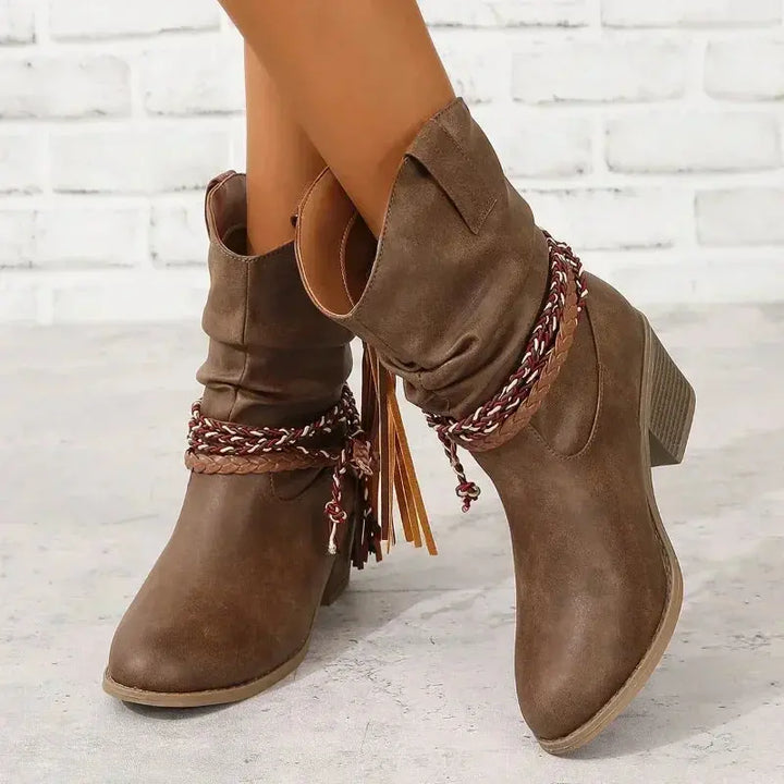 Bottes western femme à tresses et pampilles – Solène – Marron foncé A