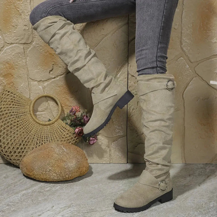 Bottes hautes plates femme souples à boucles réglables – Manon – Kaki