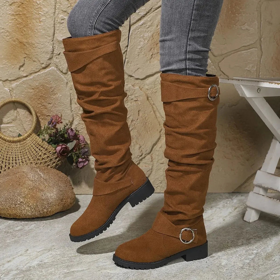 Bottes hautes plates femme souples à boucles réglables – Manon – Marron clair