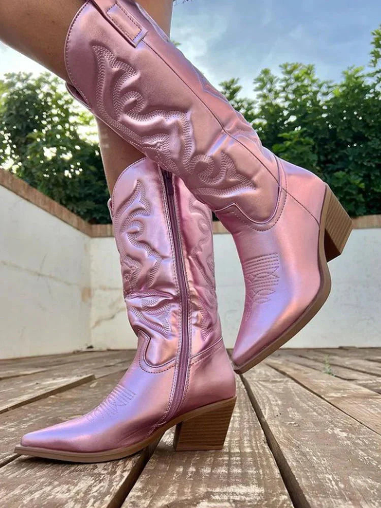 Bottes cowboy femme métallisées élégantes – Carina – Rose