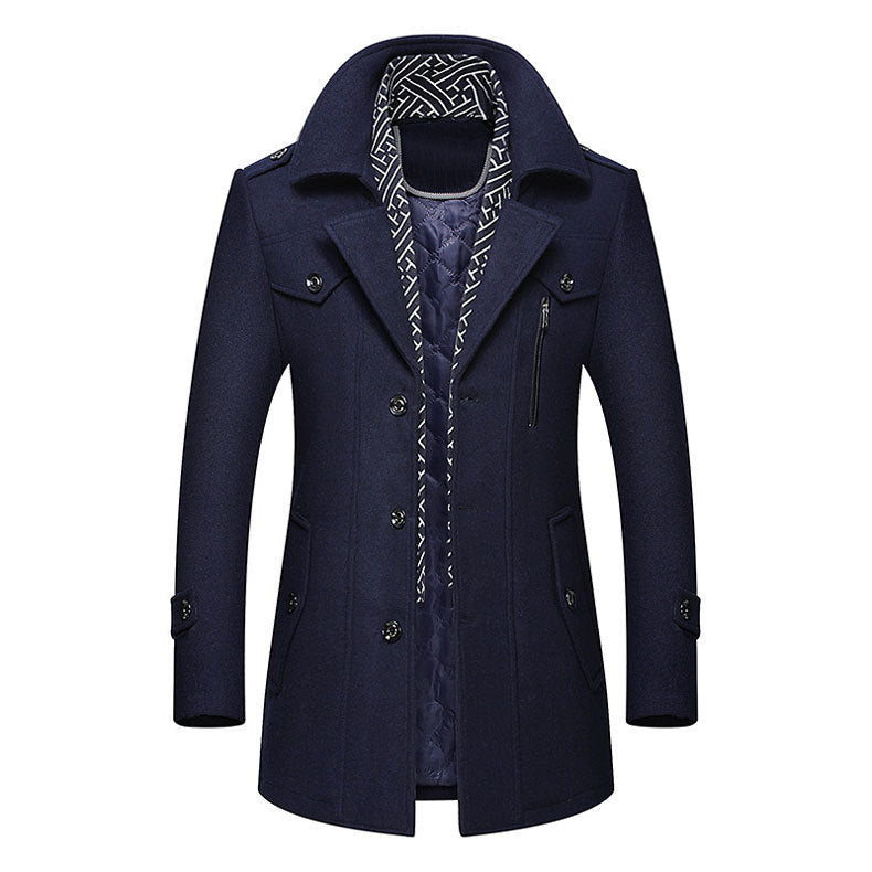 Manteau homme mi-long à simple boutonnage avec écharpe amovible – Arthur - Bleu marine
