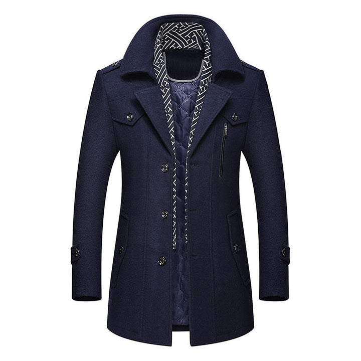 Manteau homme mi-long à simple boutonnage avec écharpe amovible – Arthur - Bleu marine