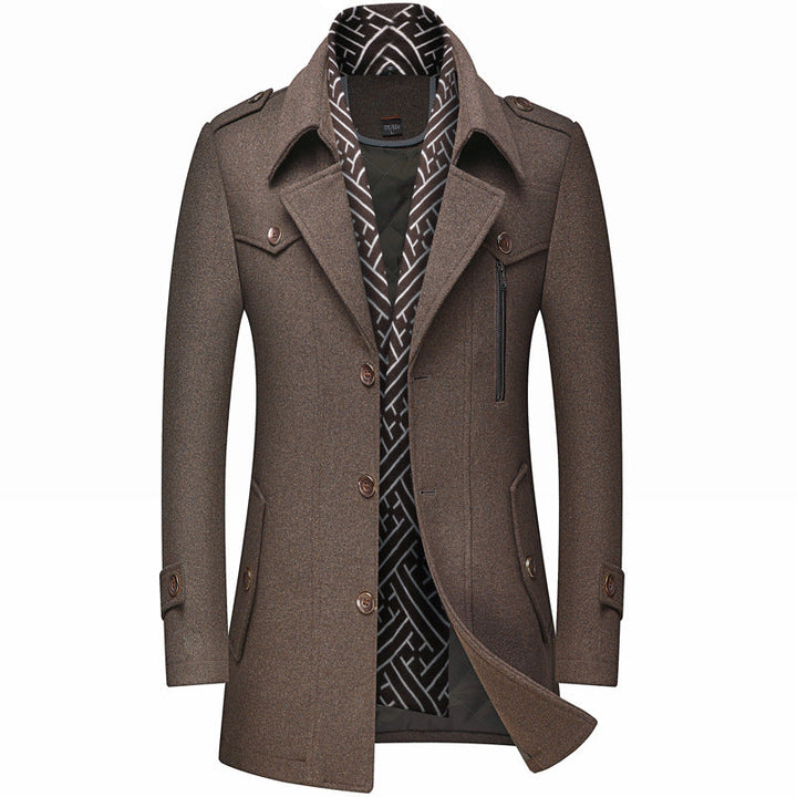 Manteau homme mi-long à simple boutonnage avec écharpe amovible – Arthur - Marron